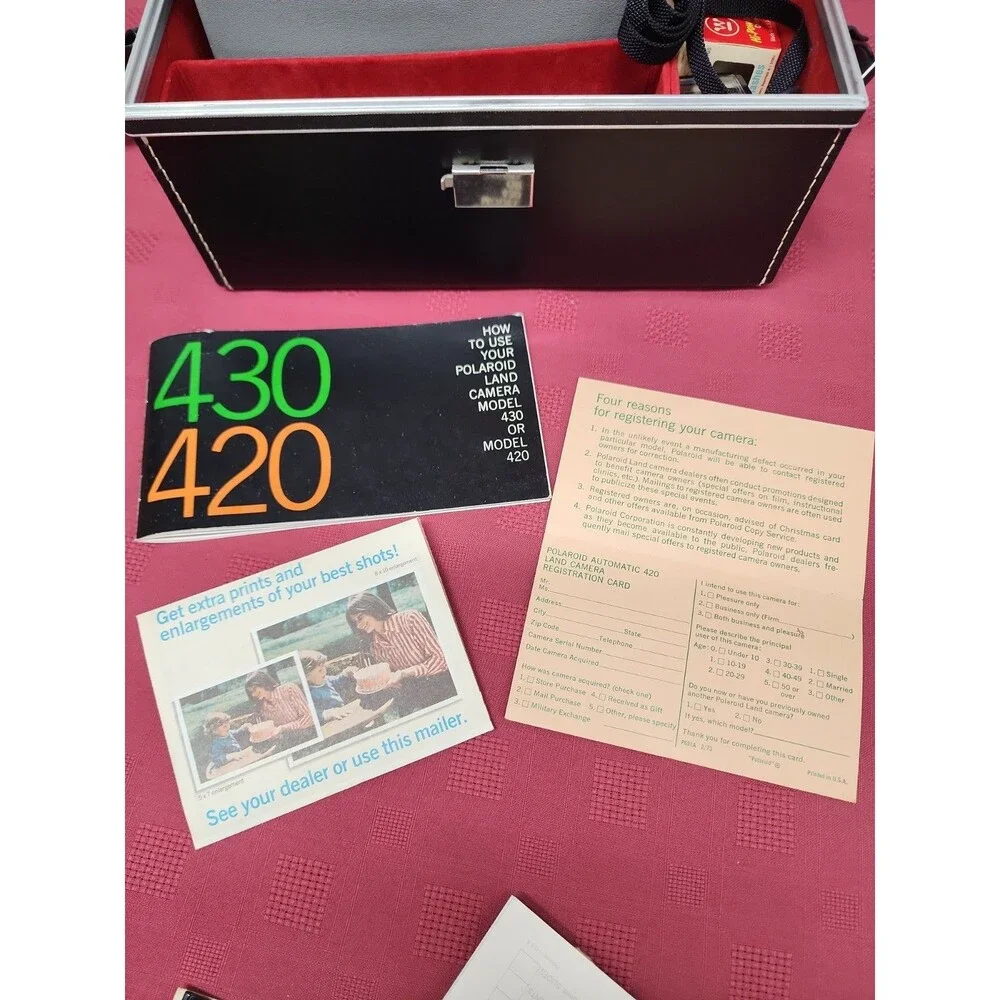 VTG 1960s Polaroid 420 Land Camera Original Hardshell Case, Paperwork And Flash